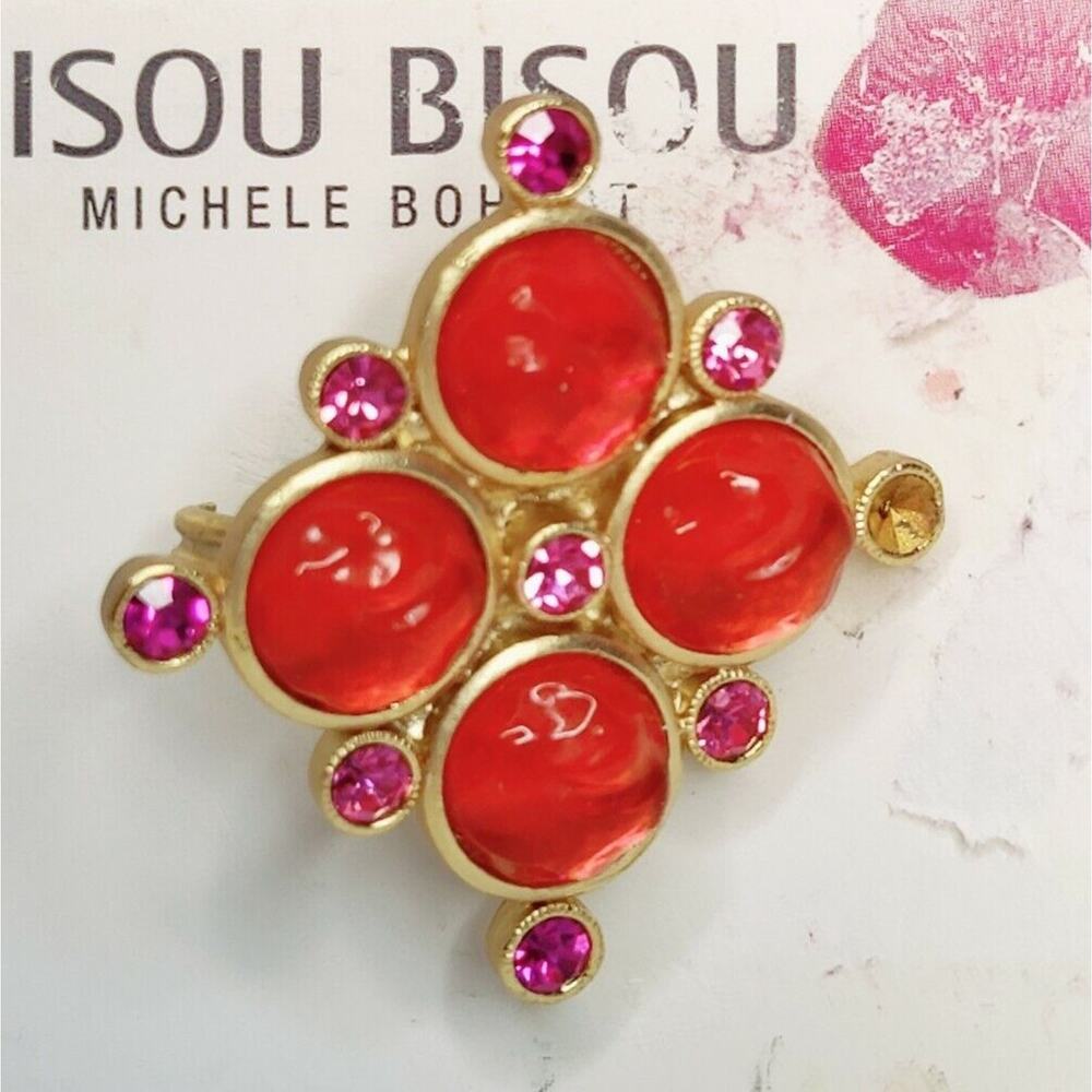 Bisou Bisou Vtg Red & Orange Sizable Gold Tone Cocktail Ring 90s Costume Jewelry - Picture 2 of 6